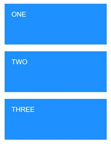 Three blue filled rectangles with white text stacked vertically with some
spacing between them. They are labeled ONE, TWO, and
THREE.