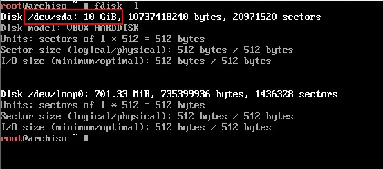 A terminal window where fdisk -l has been executed. The first output line
reads Disk /dev/sda: 10 GiB.... A red annotation rectangle surrounds
/dev/sda: 10 GiB.