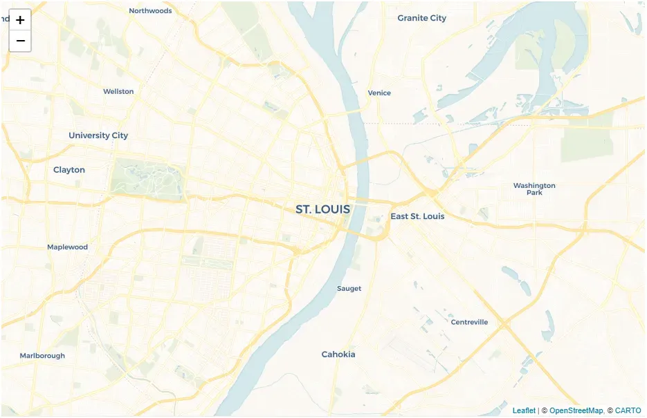 A map of Saint Louis, MO. Roadways, rivers, and parks are visible. Some
municipality names are labeled