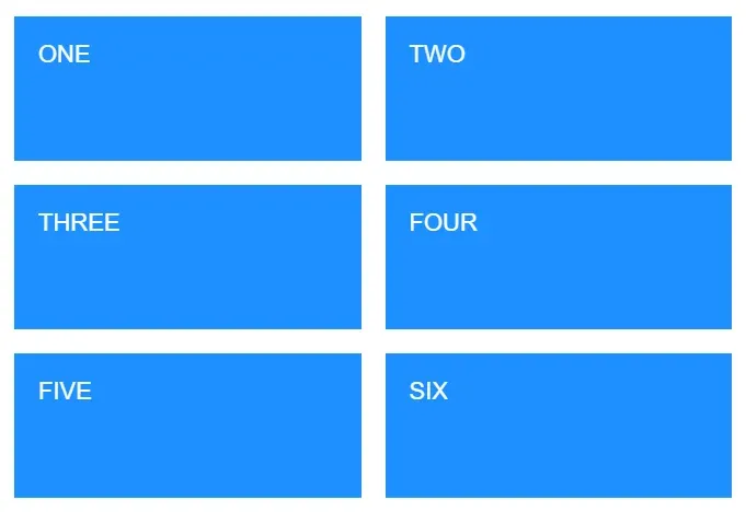 A 2 by 3 grid of rectangles labeled with word numbers ONE through
SIX.